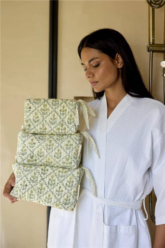 Organic Cotton Toiletry Bag - Floral Lattice Buttercream